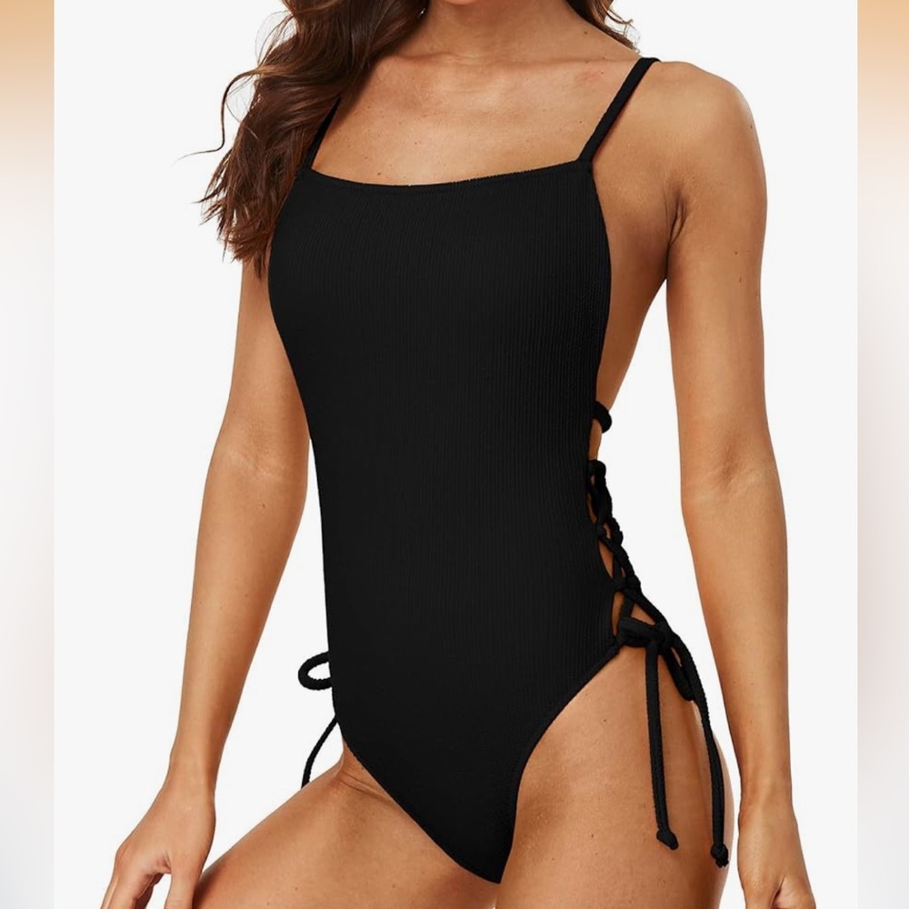 Black Lace-Up One-Piece Swimsuit
